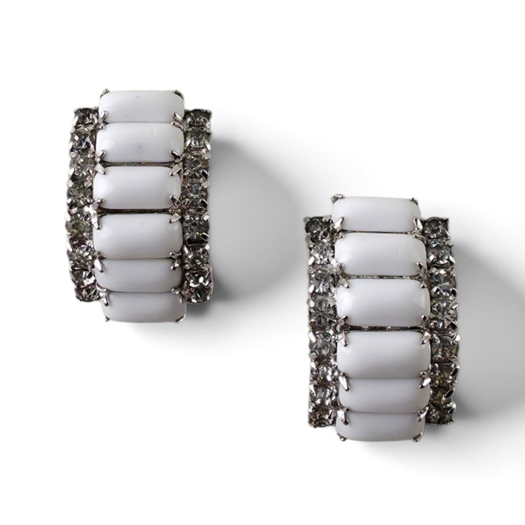 FuzzBeez vintage J-hoop clip-on earrings featuring white milk glass cabochons and clear rhinestones in silvertone settings.