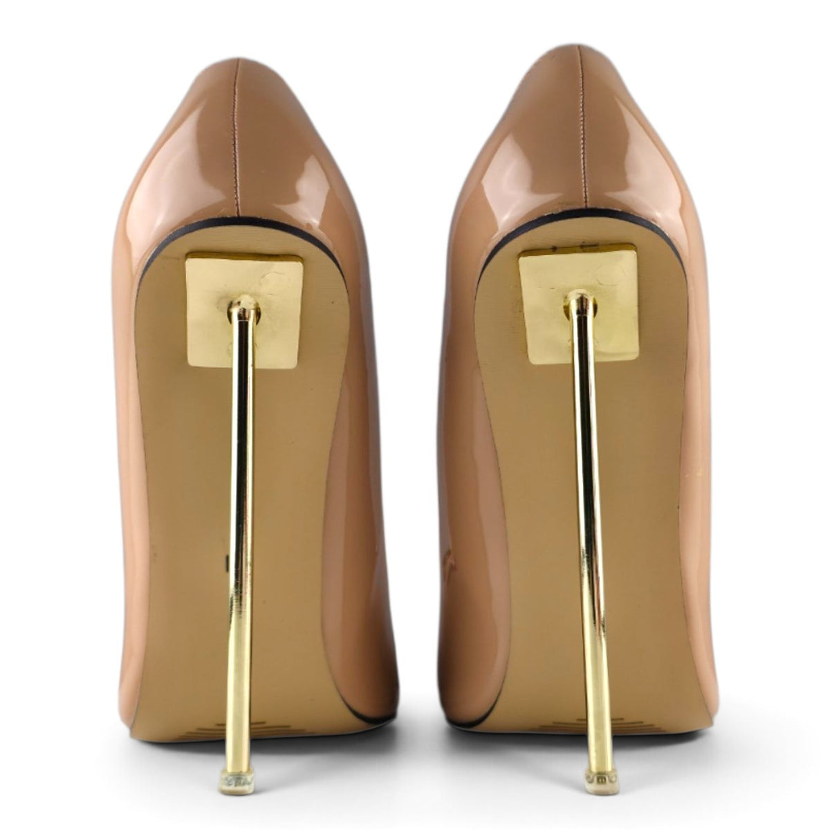 FuzzBeez MAIERNISI nude patent stiletto pumps with metallic gold-tone heels and pointed toe design