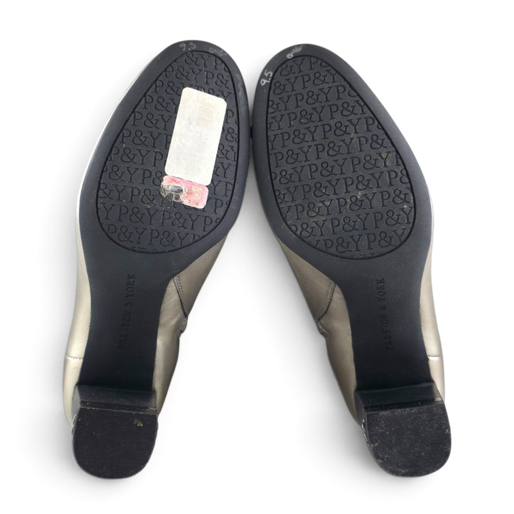FuzzBeez Preston & York metallic champagne gold ankle bootie soles with block heels and branded tread pattern