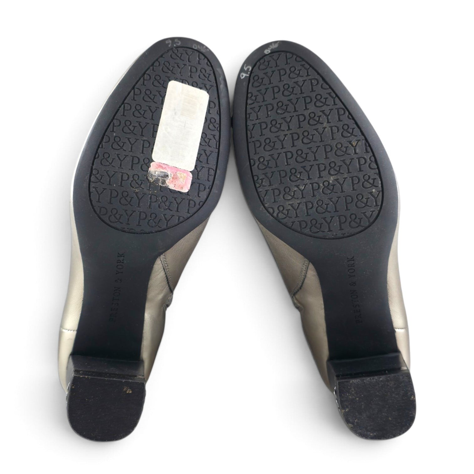 FuzzBeez Preston & York metallic champagne gold ankle bootie soles with block heels and branded tread pattern