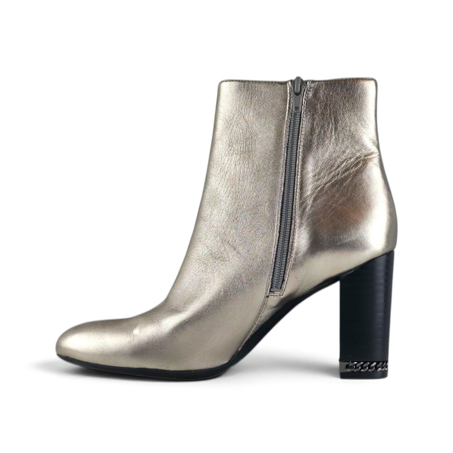 FuzzBeez Preston & York metallic champagne gold ankle booties with a chunky block heel and side zipper closure.