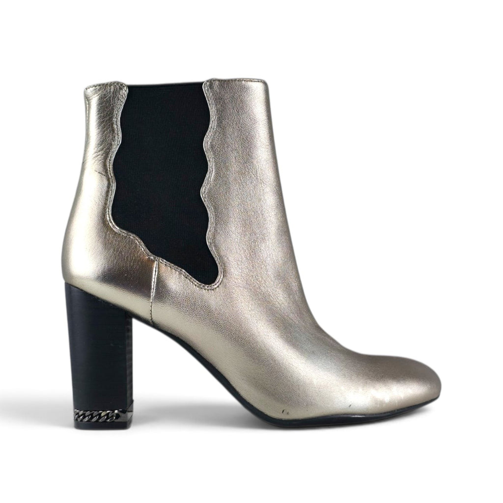 FuzzBeez Preston & York metallic champagne gold ankle booties with a scalloped side gore and chunky block heel