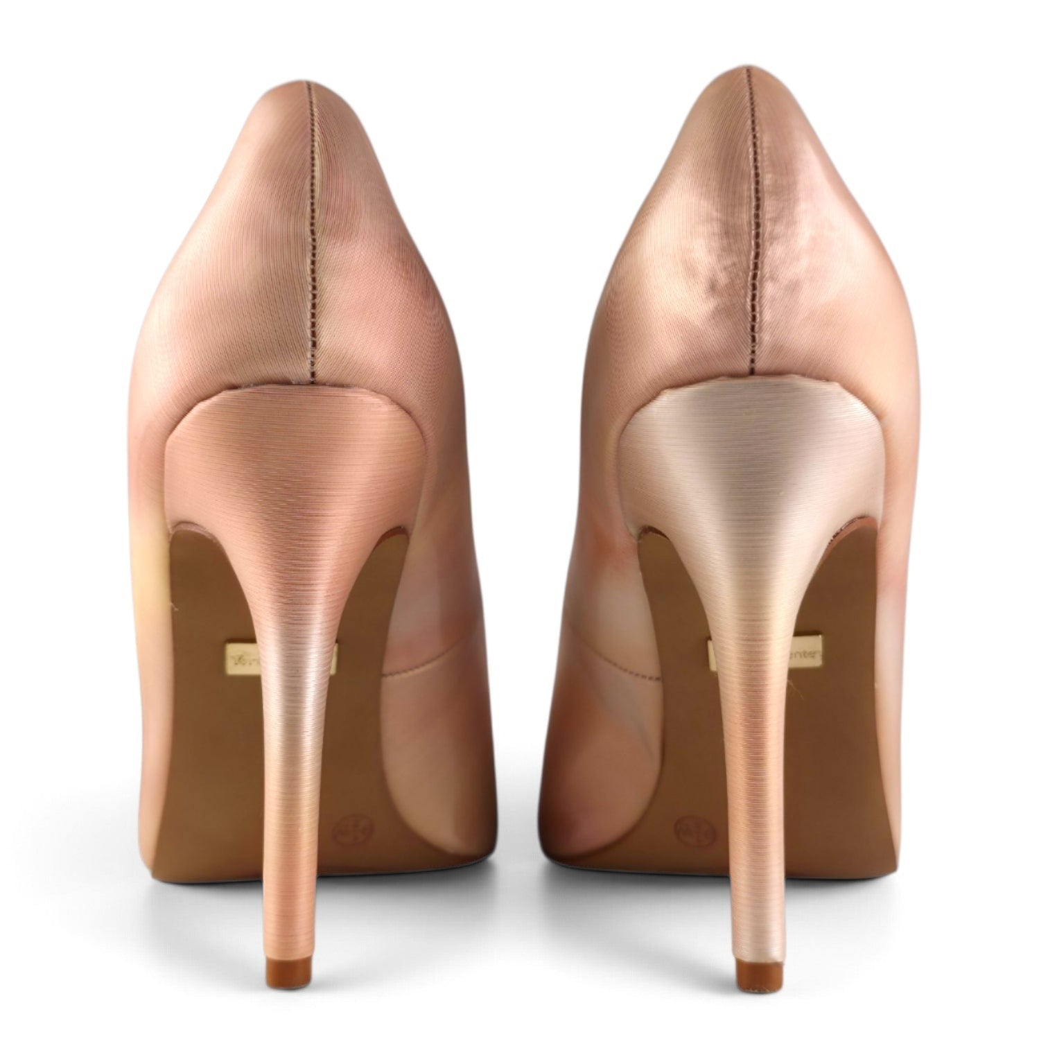 FuzzBeez Torta Caliente rose gold metallic ombré pointed toe stiletto pumps with slim heels, back view.