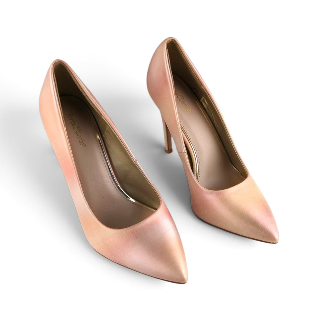 FuzzBeez Torta Caliente rose gold metallic ombré pointed toe stiletto pumps with a slim high heel.