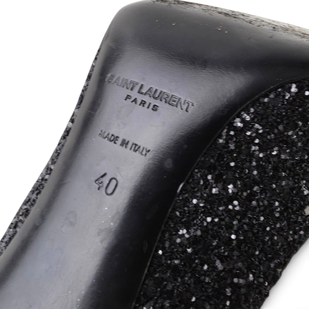 FuzzBeez Saint Laurent Zoe black glitter stiletto pump showing the leather sole with size 40 and branding