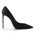 FuzzBeez Saint Laurent Zoe black glitter pointed toe stiletto pumps with high-gloss heels in a side profile view.