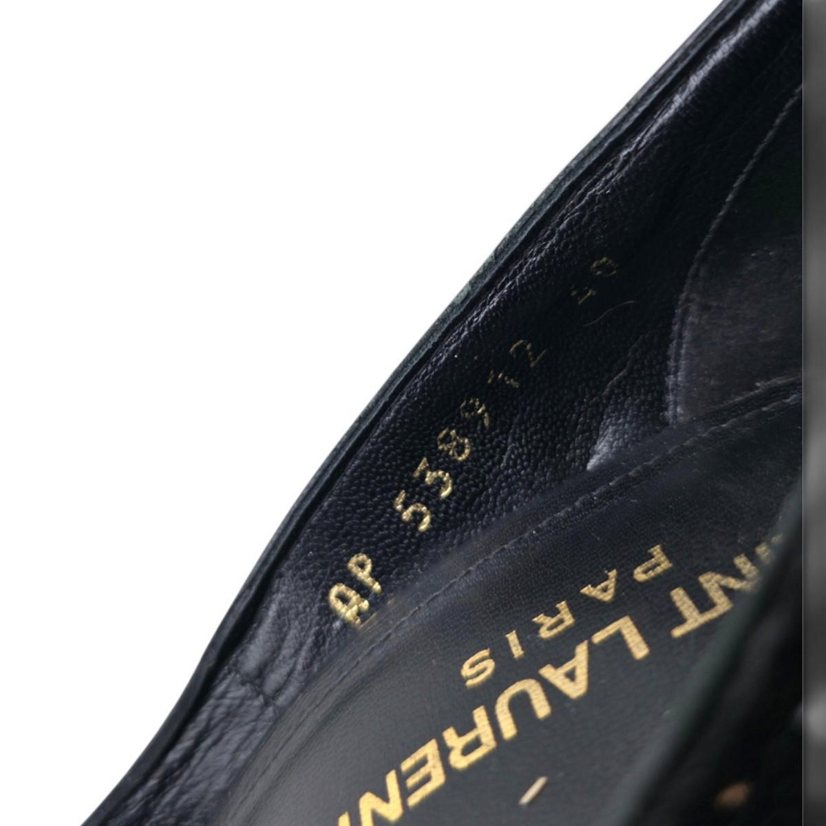 FuzzBeez Saint Laurent Zoe black glitter pump interior showing gold embossed logo and size 40 stamp on leather lining
