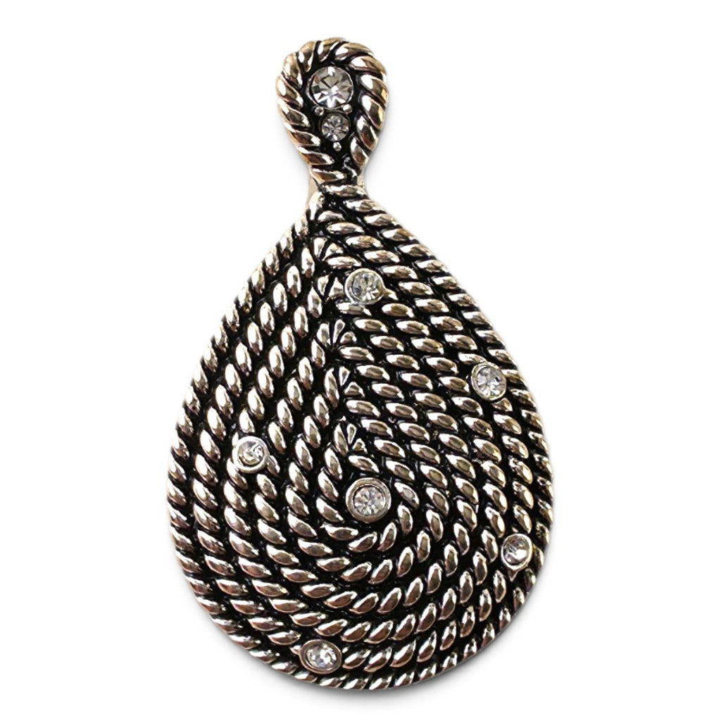 FuzzBeez vintage silver-tone teardrop pendant with rope twist texture and clear rhinestone accents.