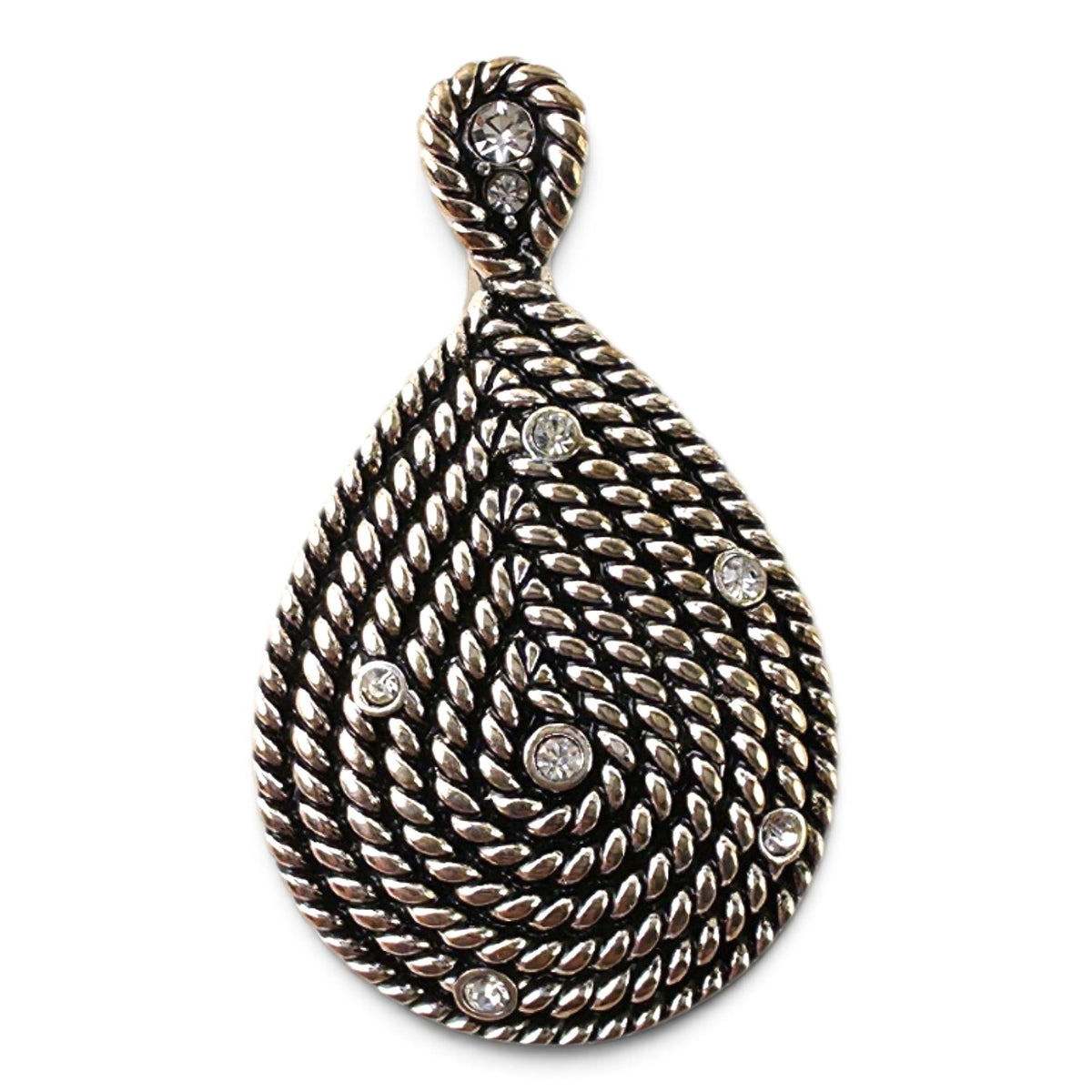 FuzzBeez vintage silver-tone teardrop pendant with rope twist texture and clear rhinestone accents.
