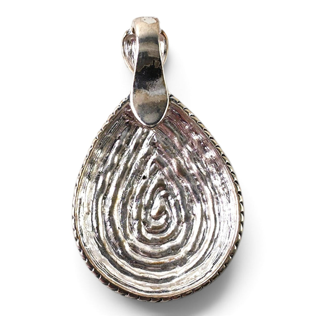 FuzzBeez vintage silver-tone teardrop pendant with rope twist edge and clear rhinestone accents in a boho style.