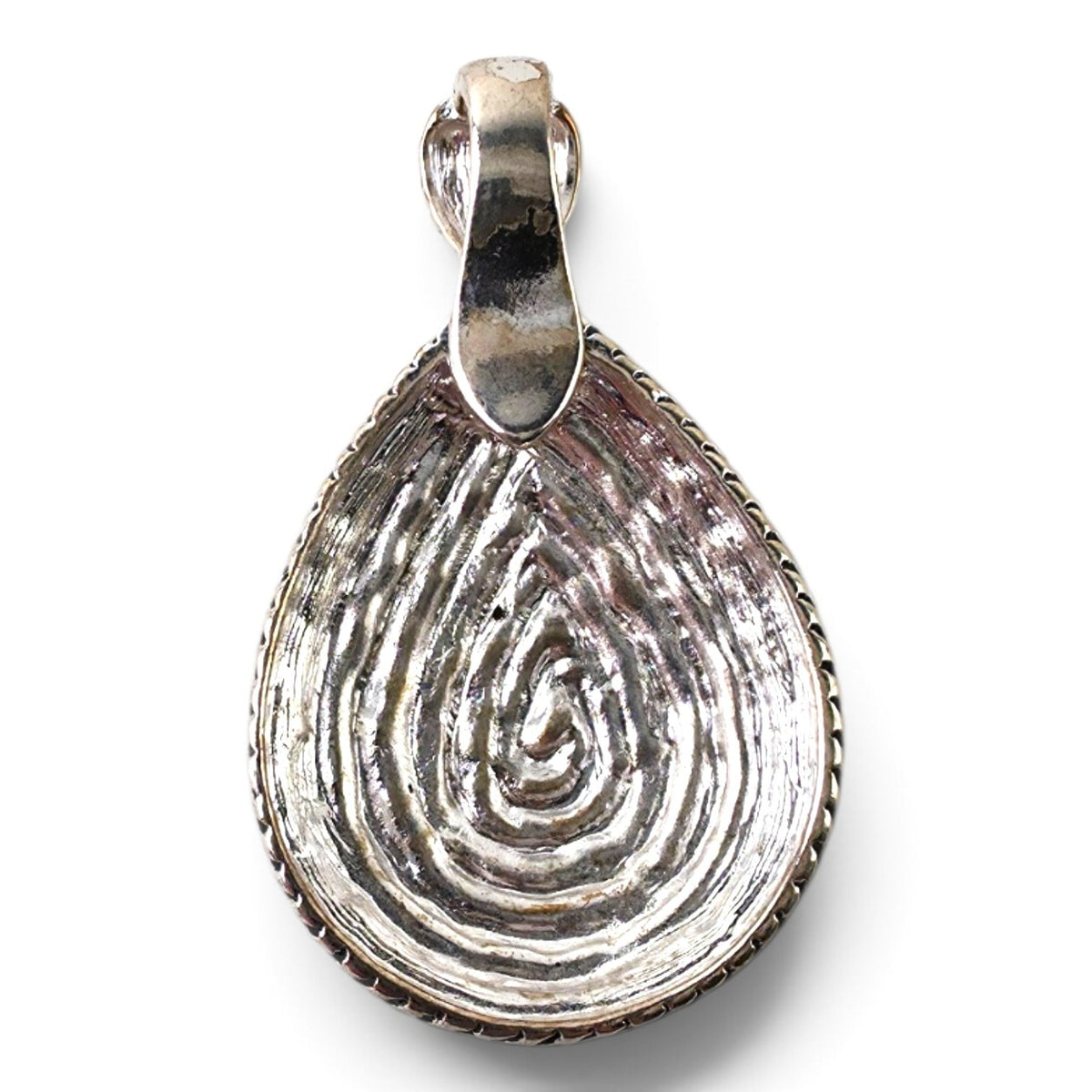 FuzzBeez vintage silver-tone teardrop pendant with rope twist edge and clear rhinestone accents in a boho style.