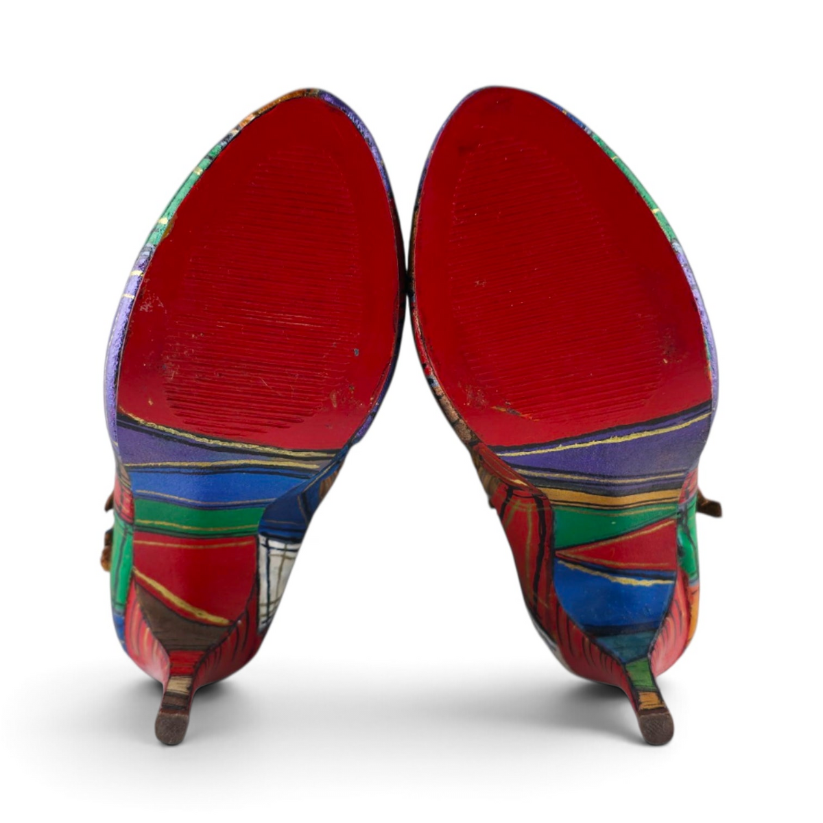 FuzzBeez hand-painted tartan plaid stiletto ankle boots with vibrant multi-color leather and bright red soles