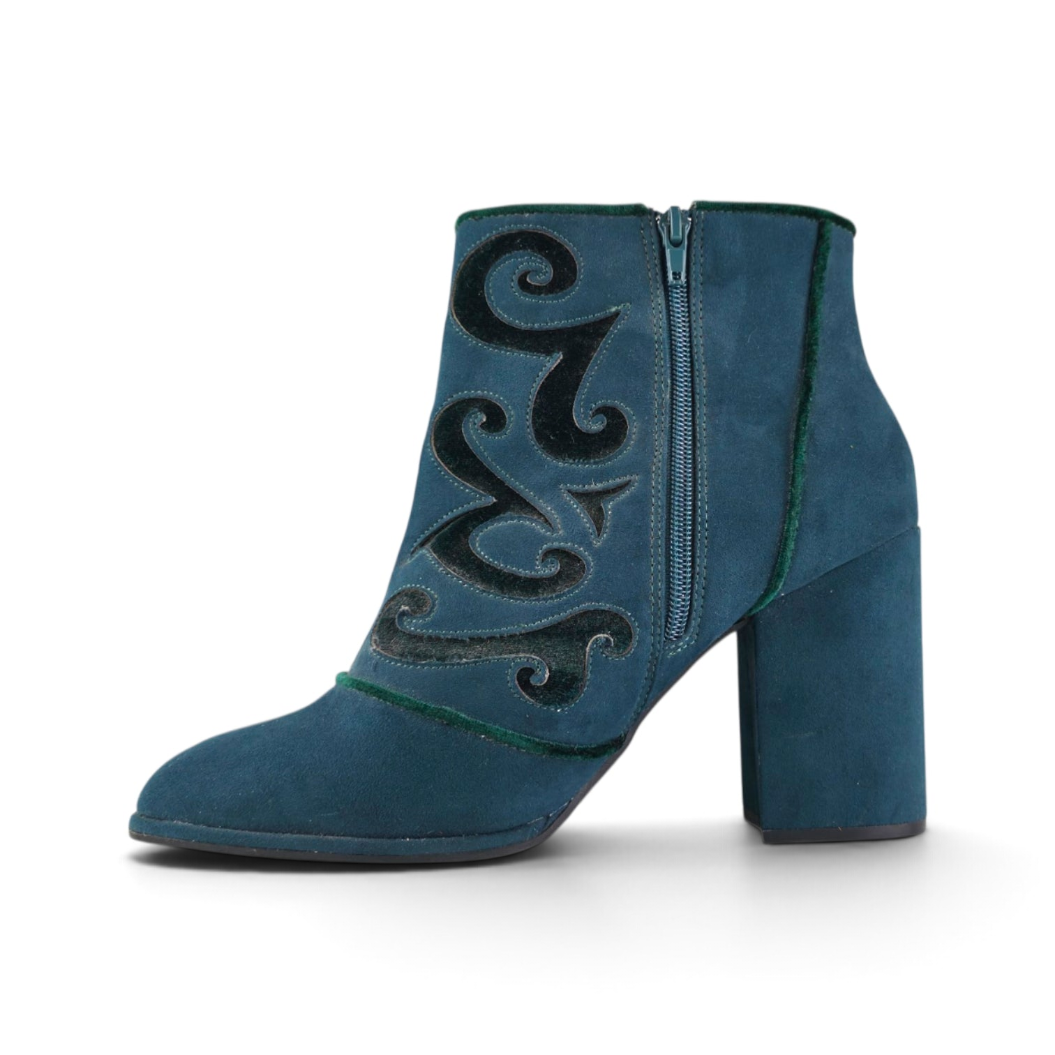 FuzzBeez CLOUDWALKERS teal blue faux suede ankle boots with dark velvet embroidery and a chunky block heel.