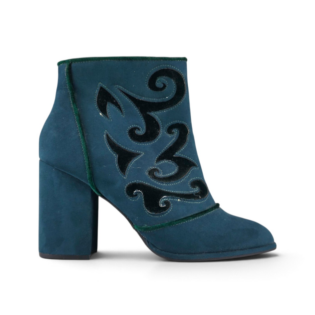 FuzzBeez CLOUDWALKERS teal blue faux suede ankle boots with black velvet embroidery and a chunky block heel.