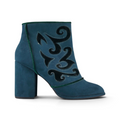 FuzzBeez CLOUDWALKERS teal blue faux suede ankle boots with black velvet embroidery and a chunky block heel.