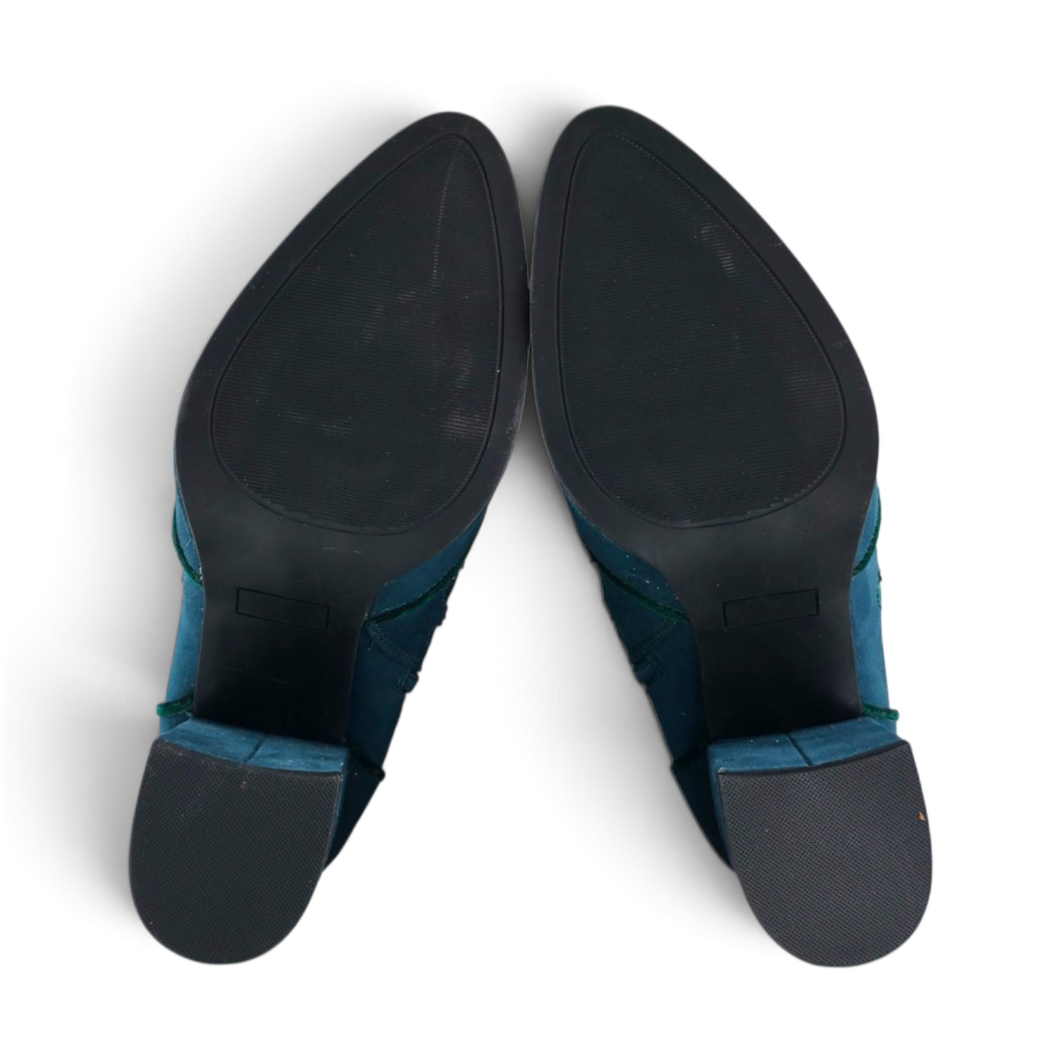 FuzzBeez Cloudwalkers teal blue faux suede ankle boots with block heels and pointed almond toes, bottom view.