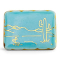 FuzzBeez vintage turquoise ceramic brooch with gold saguaro cactus line art and scalloped edges.