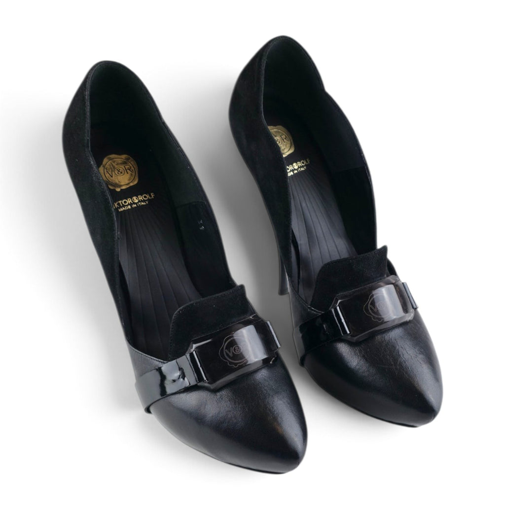 FuzzBeez Viktor & Rolf black leather and suede stiletto pumps with patent accent and sculpted loafer-style detail
