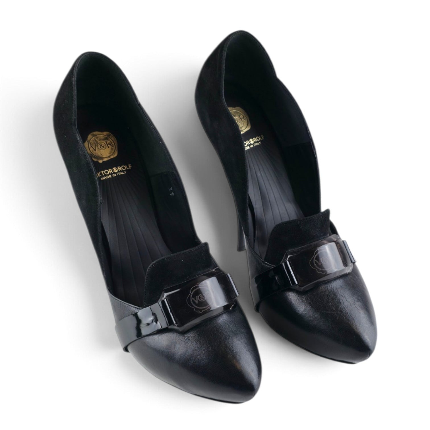 FuzzBeez Viktor & Rolf black leather and suede stiletto pumps with patent accent and sculpted loafer-style detail