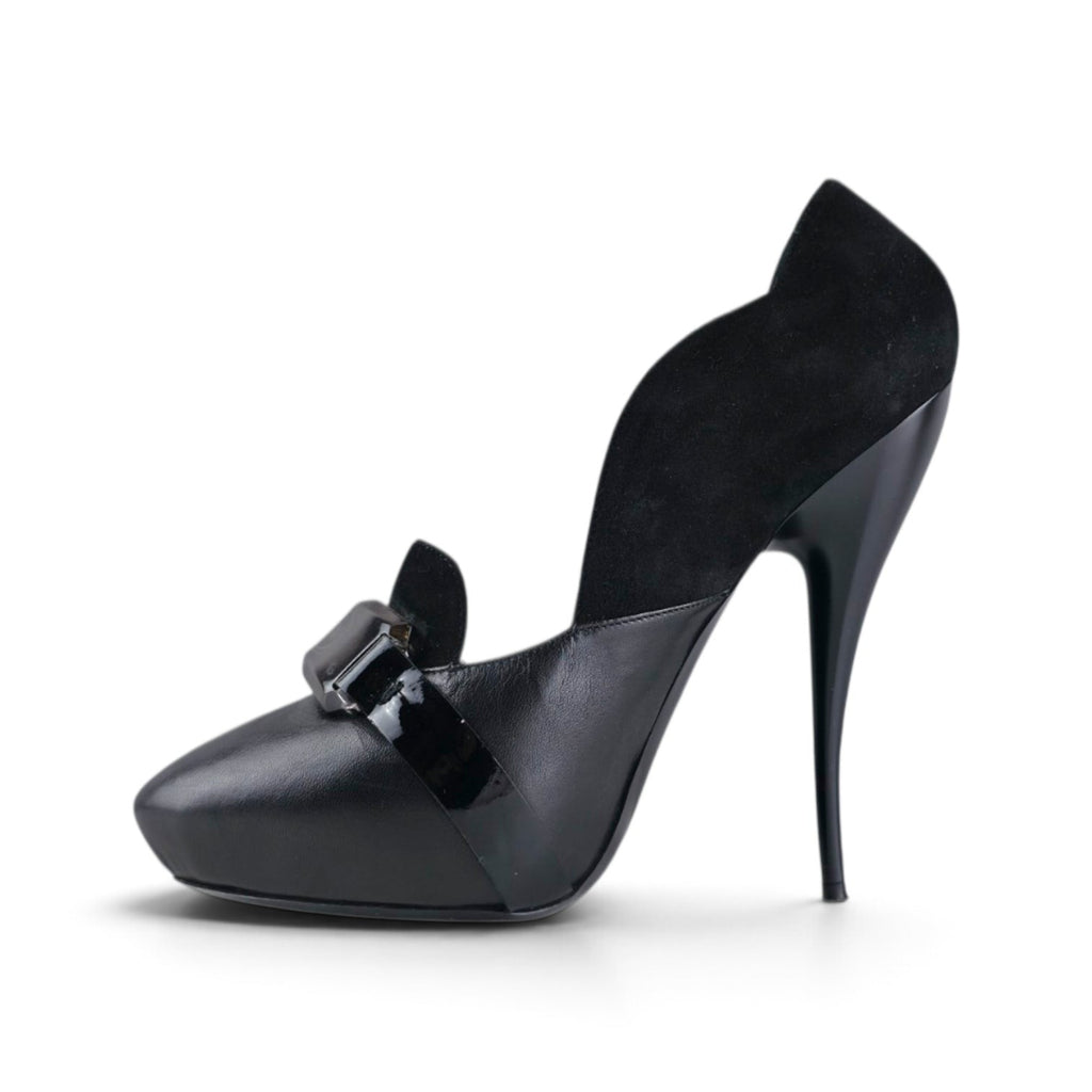 FuzzBeez Viktor & Rolf black leather and suede stiletto pumps with a sculpted platform and patent leather accent