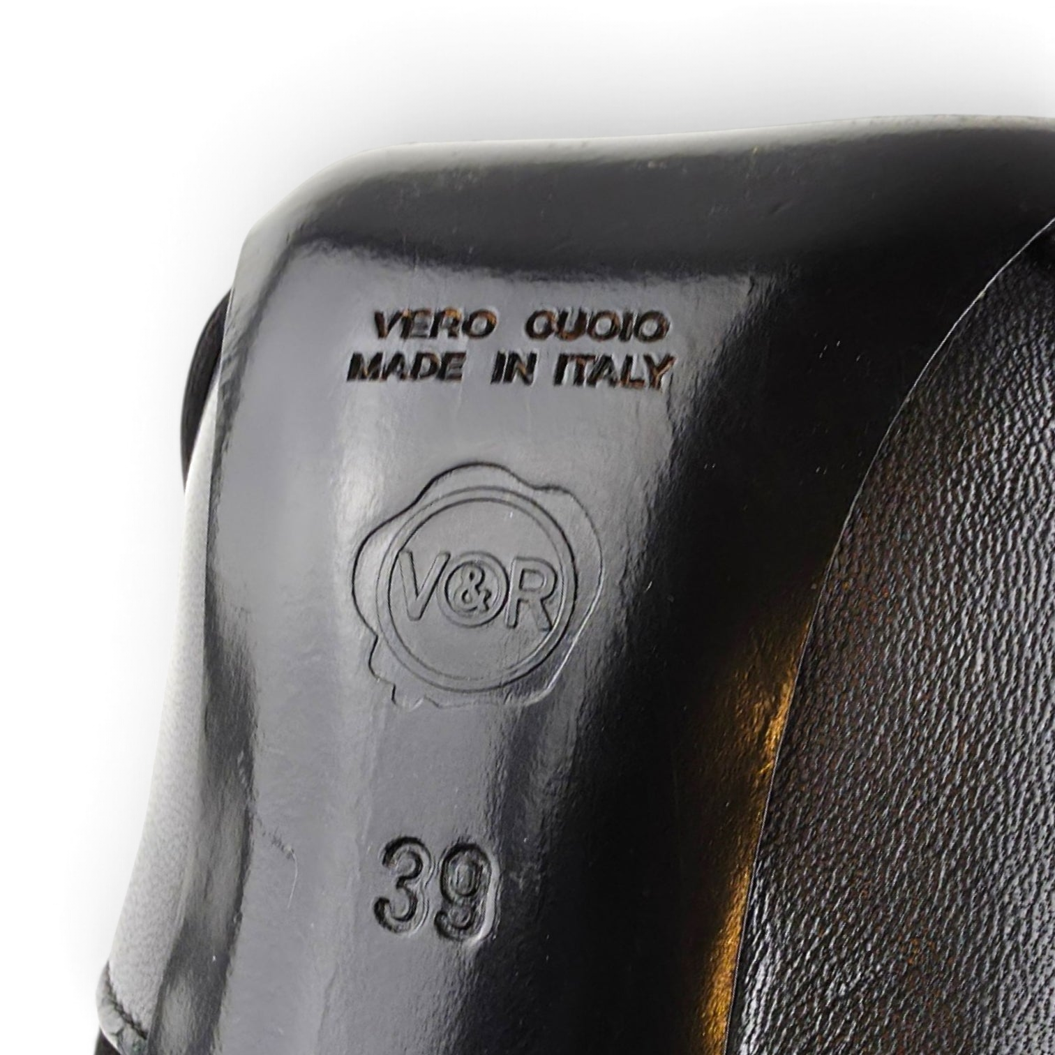 FuzzBeez Viktor & Rolf black leather stiletto pump sole detail showing Vero Cuoio stamp and size 39