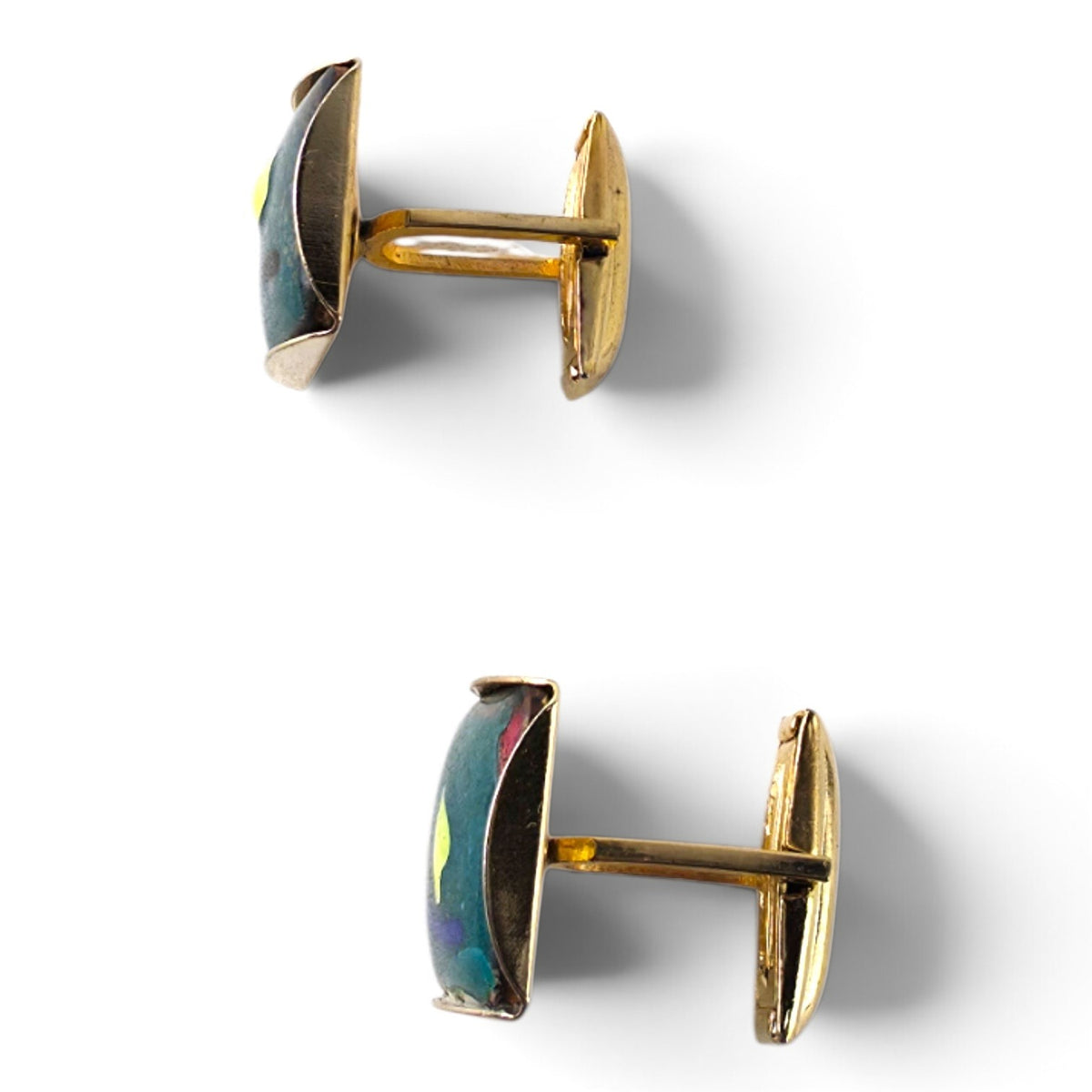 FuzzBeez vintage MCM enamel copper cufflinks featuring abstract teal, yellow, and red art in a square gold-tone frame.