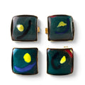 FuzzBeez vintage MCM square enamel cufflinks and screw-back earrings with abstract teal, yellow, and blue art design.