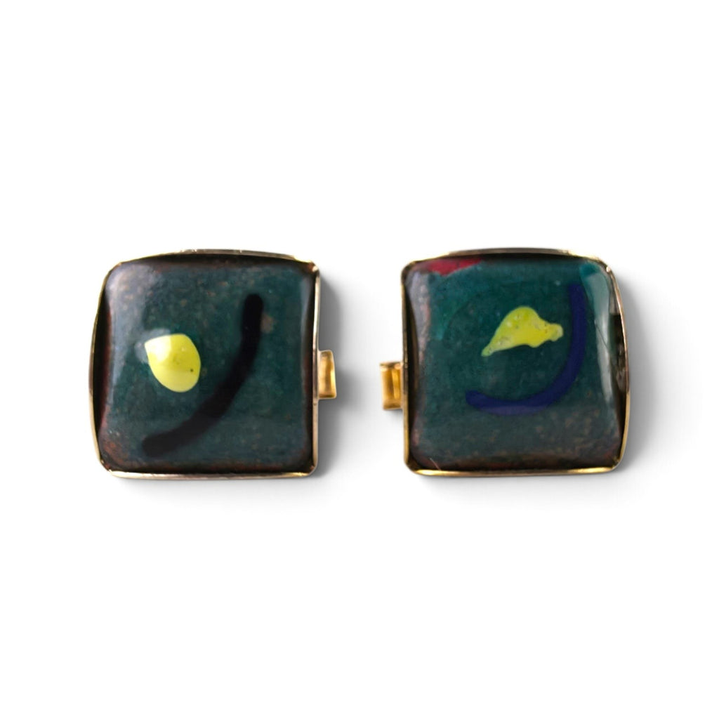 FuzzBeez vintage MCM square enamel cufflinks with abstract teal, yellow, and blue Miro-style art on gold-tone metal.