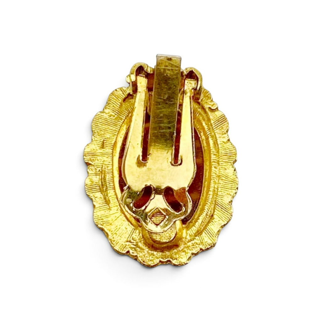 FuzzBeez vintage gold-tone oval clip-on earring back view showing the metal clip mechanism