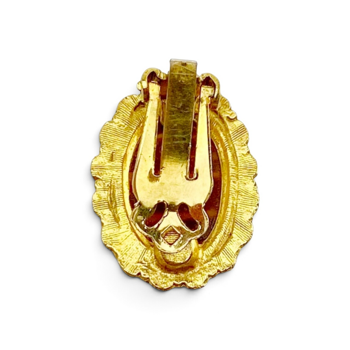 FuzzBeez vintage gold-tone oval clip-on earring back view showing the metal clip mechanism