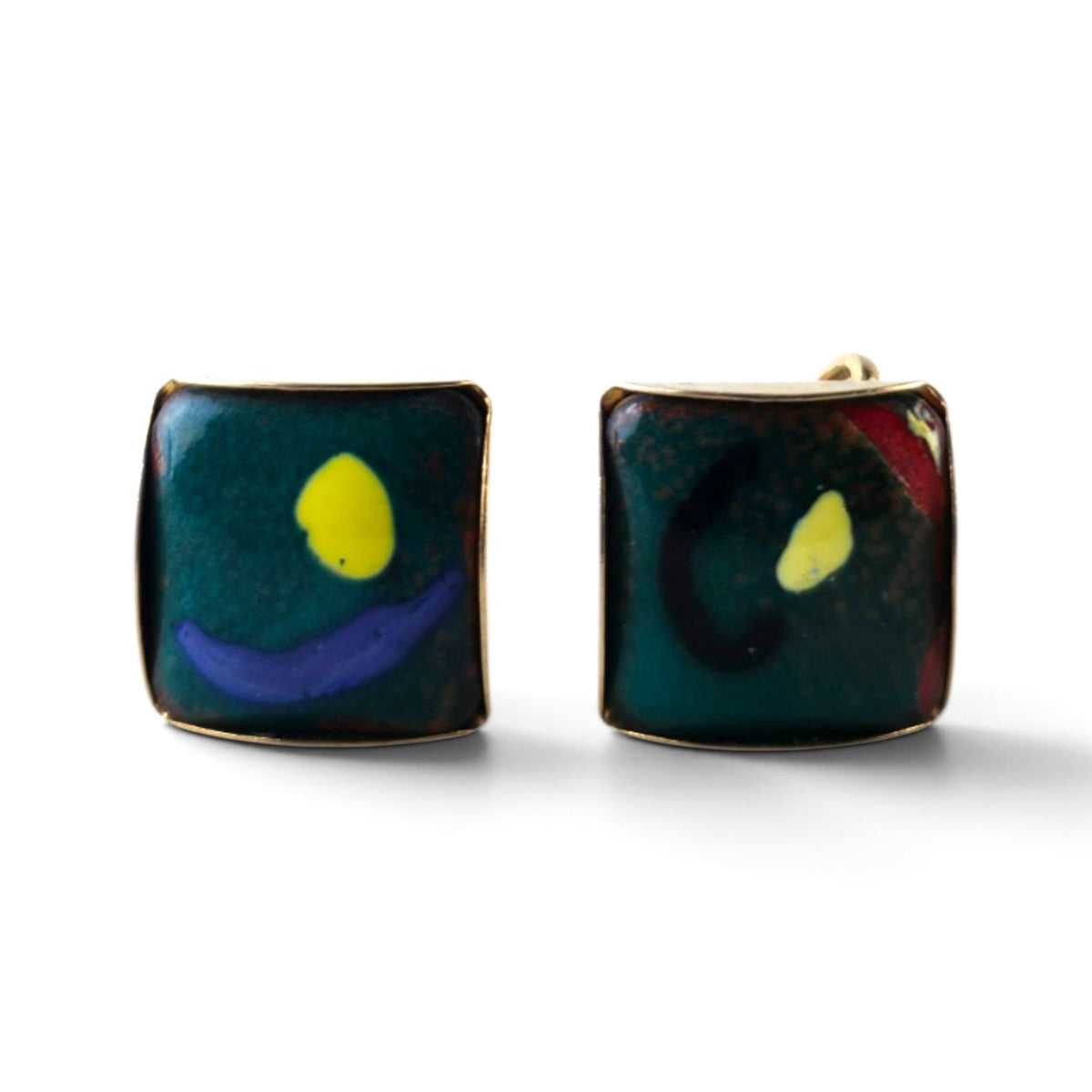 FuzzBeez vintage MCM square enamel cufflinks in teal with yellow, blue, and red abstract art motifs on gold-tone metal.