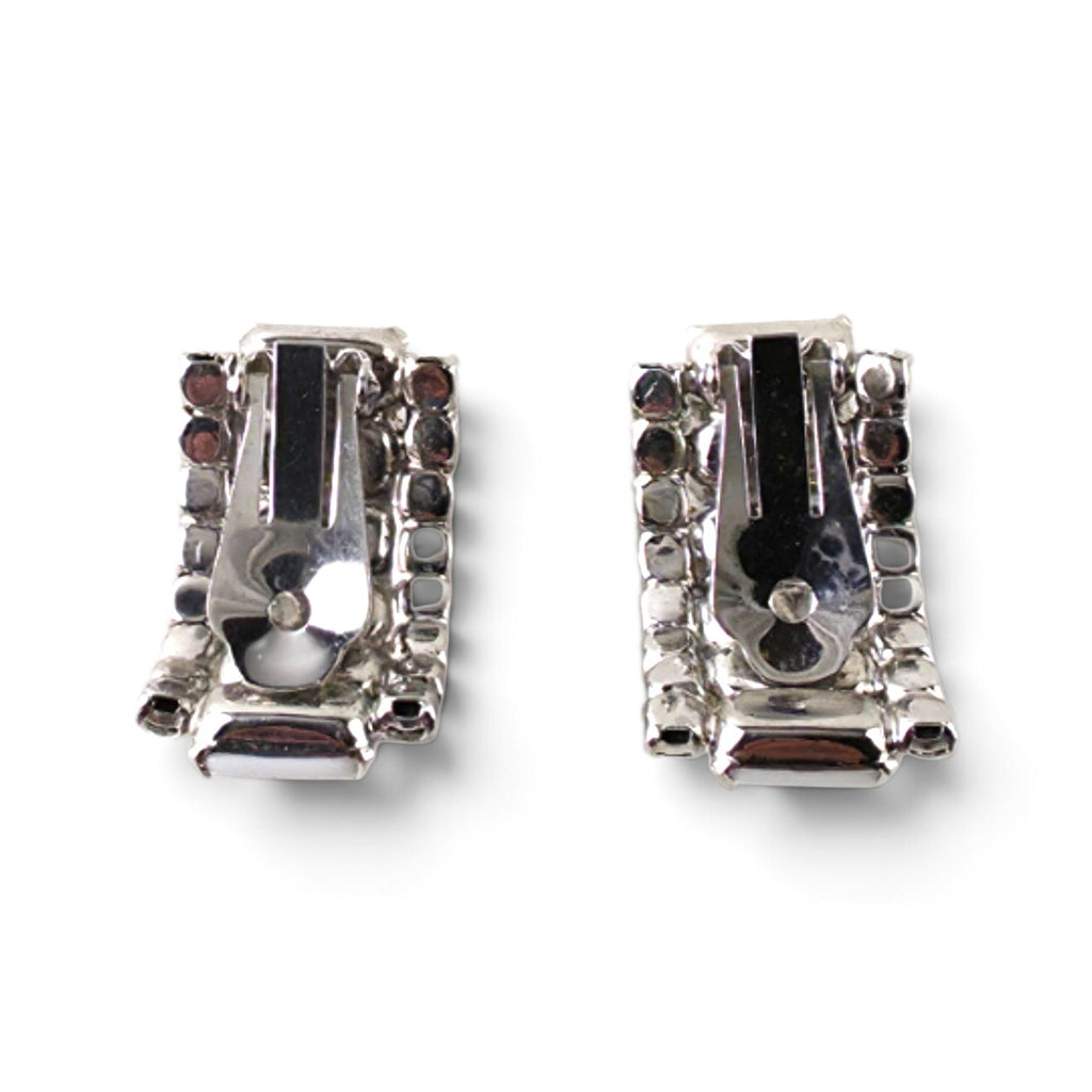 FuzzBeez vintage J-hoop clip-on earrings featuring milk glass cabochons and clear rhinestones on silver-plated alloy.