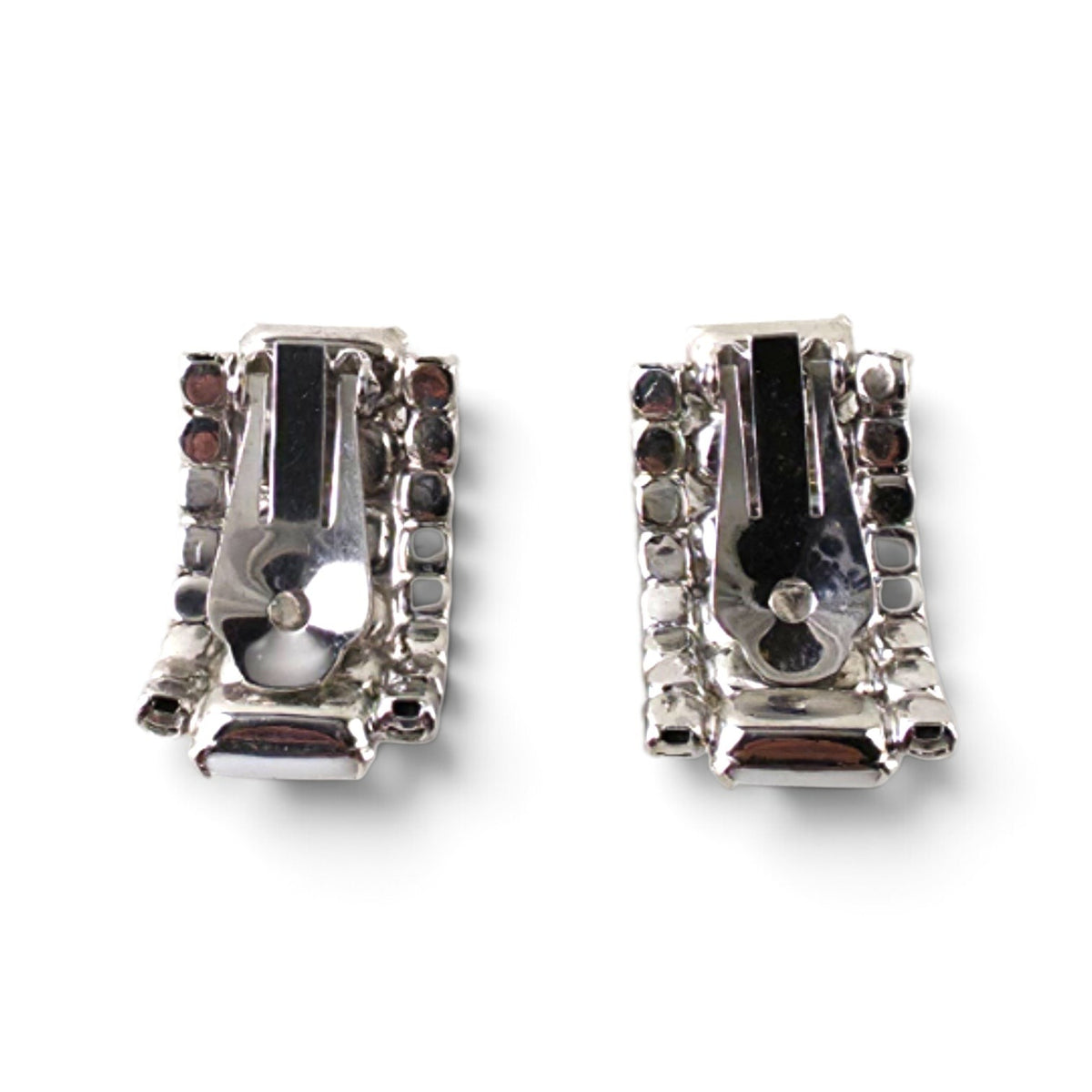 FuzzBeez vintage J-hoop clip-on earrings featuring milk glass cabochons and clear rhinestones on silver-plated alloy.