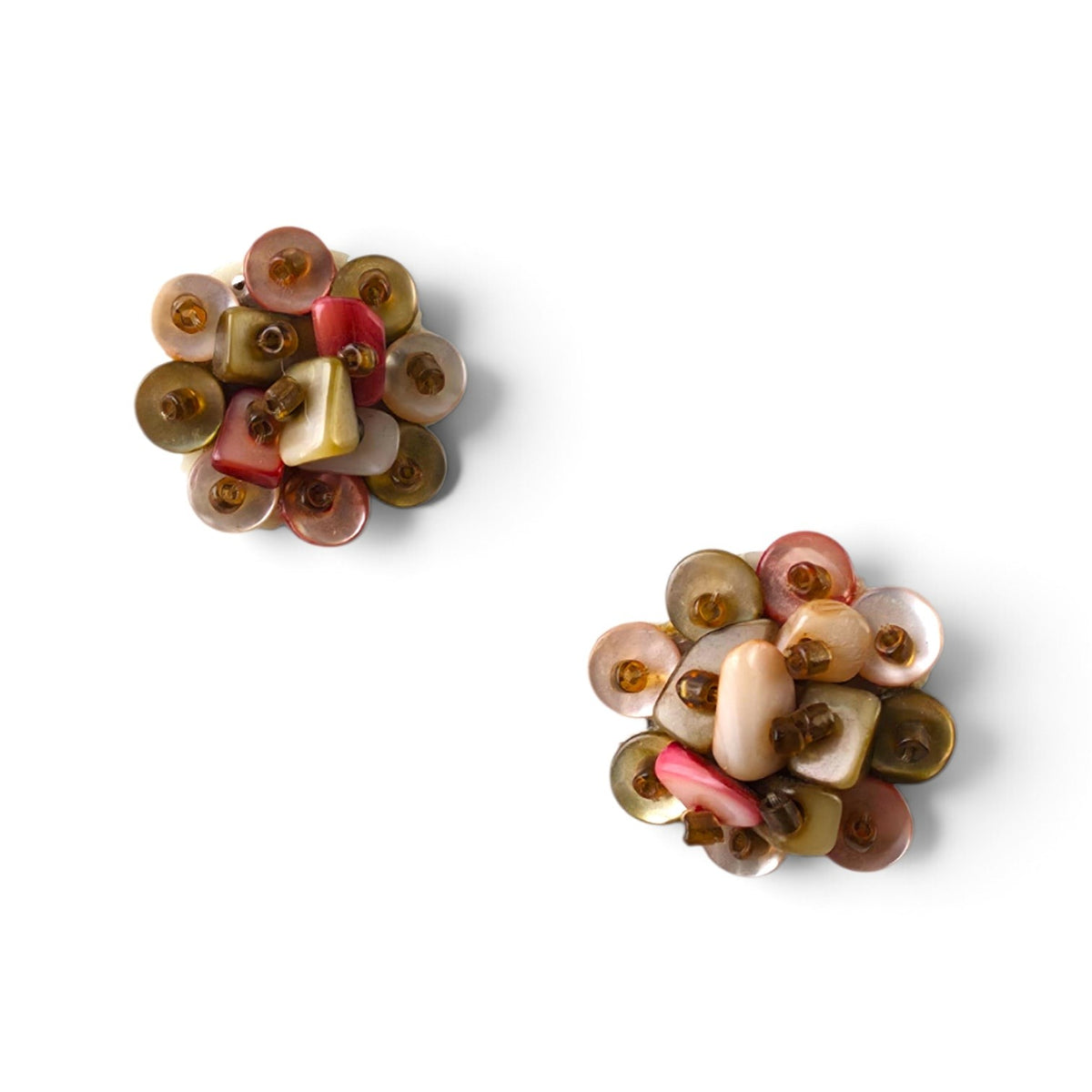 FuzzBeez vintage mid-century cluster clip-on earrings featuring iridescent mother of pearl shell and glass beads