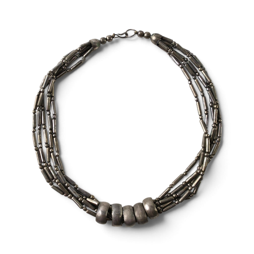 Vintage Southwestern Multi-Strand Liquid Silver Necklace 18" Chunky Ring Beads