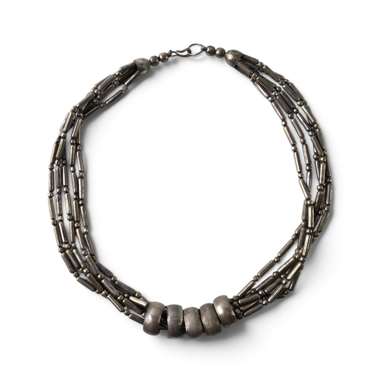 Vintage Southwestern Multi-Strand Liquid Silver Necklace 18" Chunky Ring Beads