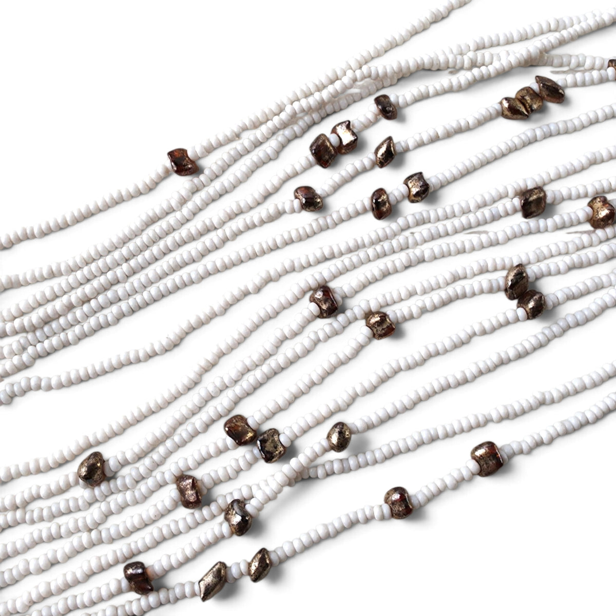 Vintage Multi-Strand White Seed Bead Necklace 14" Metallic Bronze Nugget Accent Waterfall Boho