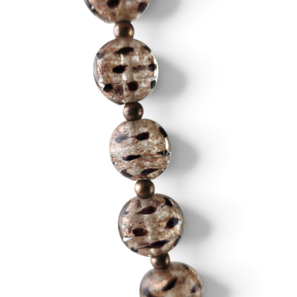 Vintage Murano Style Gold Dust Glass Bead Necklace 8" Leopard Animal Print Art Glass
