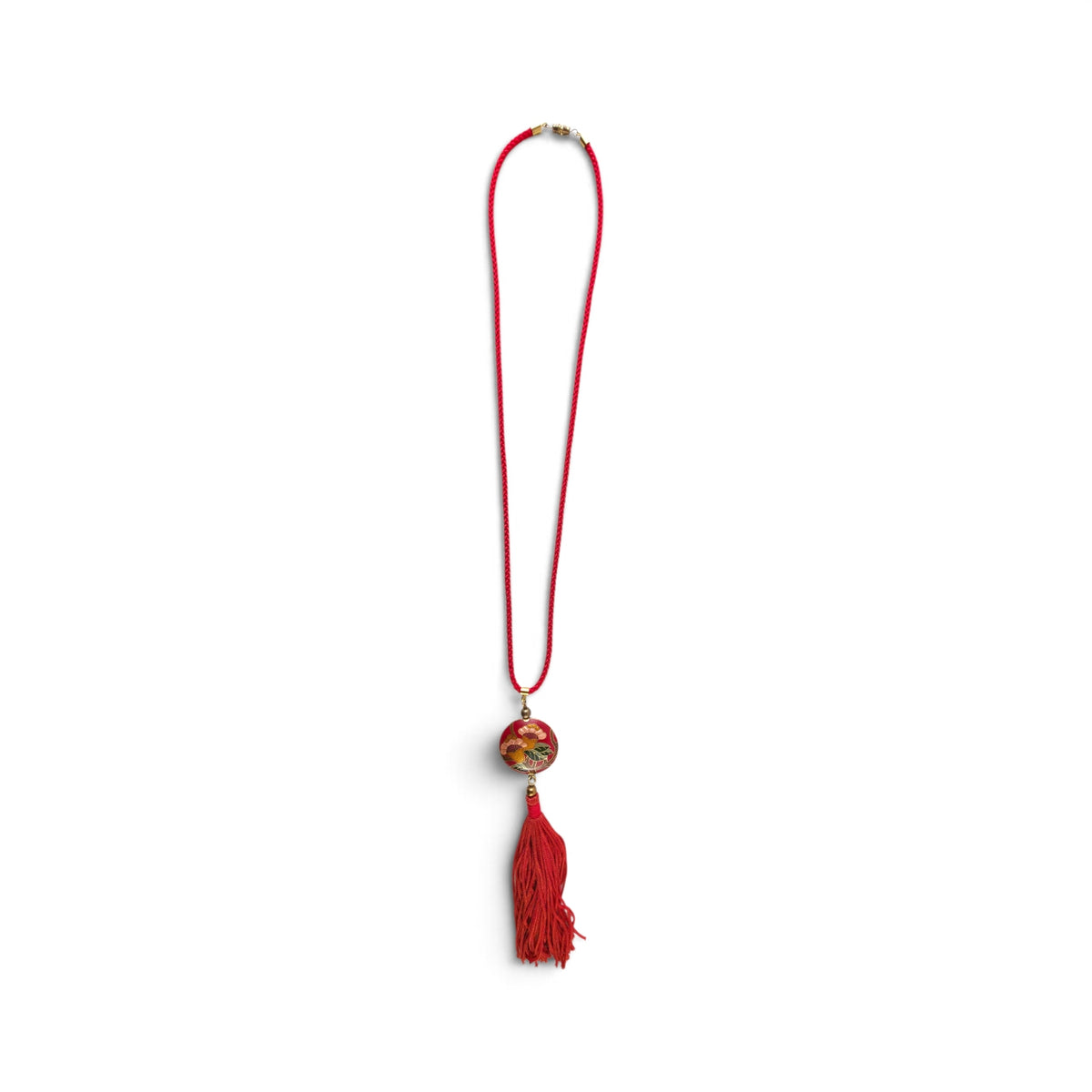 Vintage Cloisonné Floral Pendant Tassel Necklace 15" Red Silk Cord Asian Art
