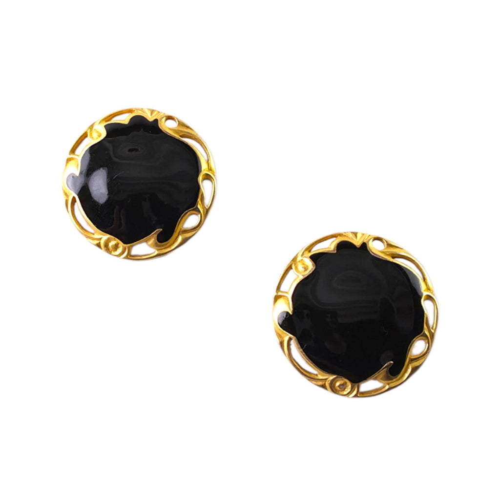 Vintage LIA Signed Gold-Tone Glossy Black Enamel Round Clip-On Earrings – Runway Style