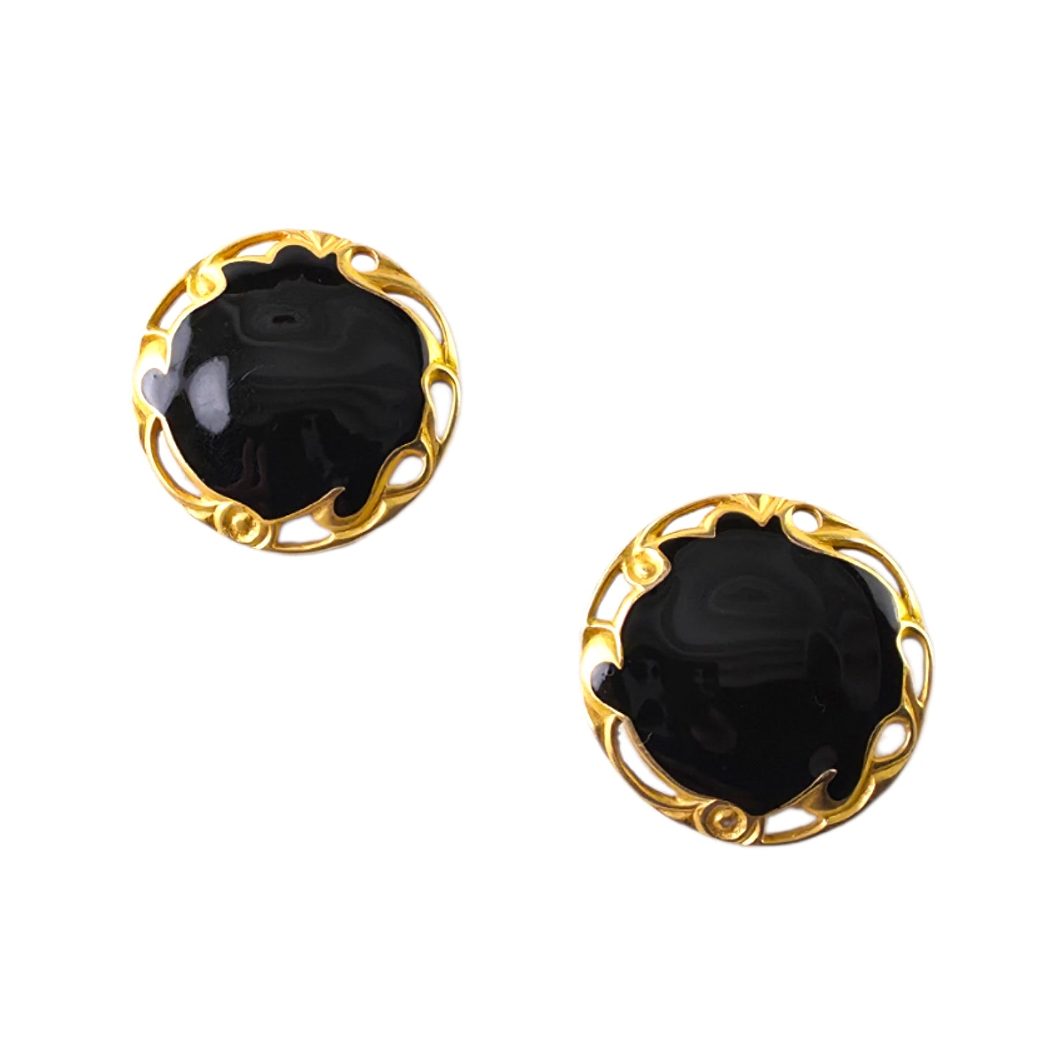 Vintage LIA Signed Gold-Tone Glossy Black Enamel Round Clip-On Earrings – Runway Style