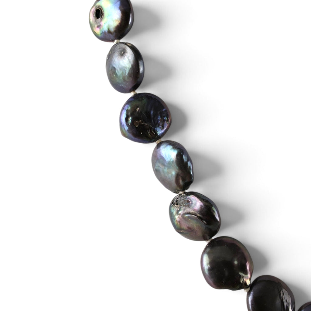 Vintage Black Coin Pearl Necklace 16" Iridescent Peacock Cultured Freshwater Strand