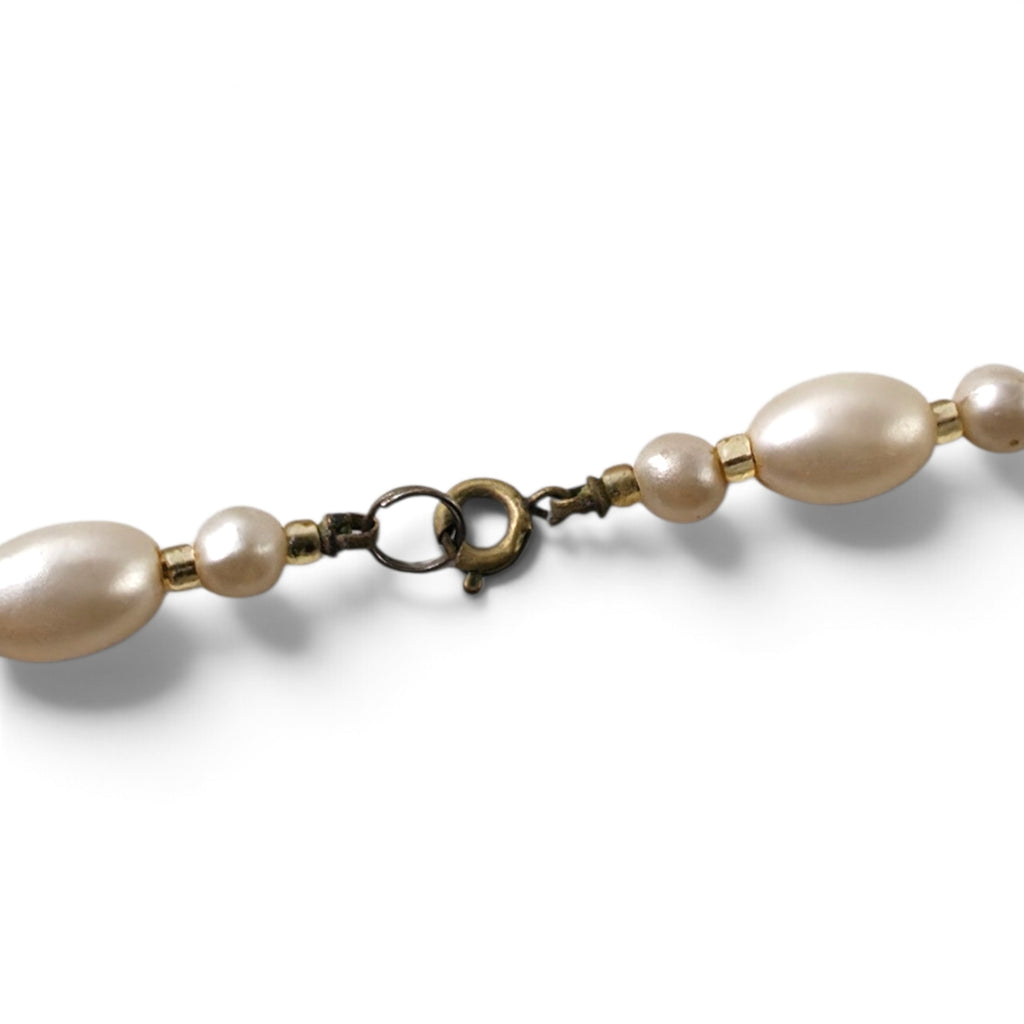 Vintage 52" Faux Pearl Long Opera Flapper Necklace Cream Oval Rice Beads Gold Accents