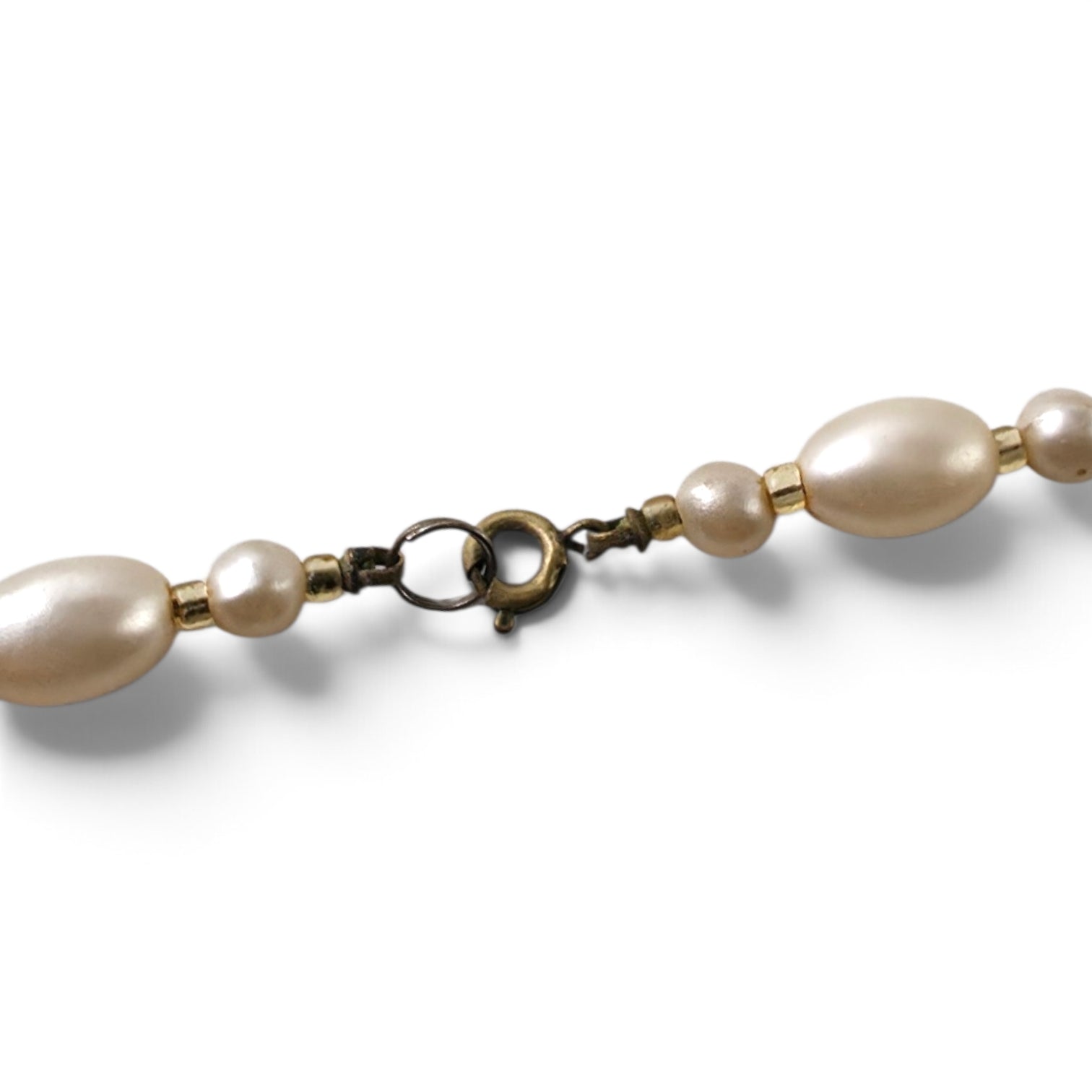 Vintage 52" Faux Pearl Long Opera Flapper Necklace Cream Oval Rice Beads Gold Accents