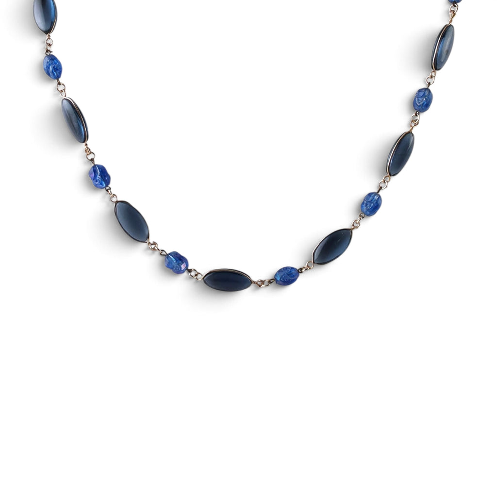 Rare Vintage West Germany 24" Blue Glass Cabochon & Molded Bead Station Necklace