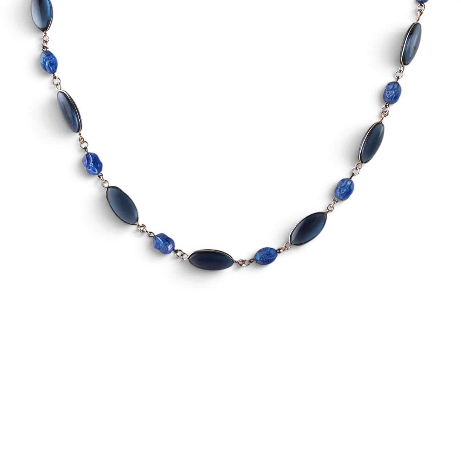Rare Vintage West Germany 24" Blue Glass Cabochon & Molded Bead Station Necklace