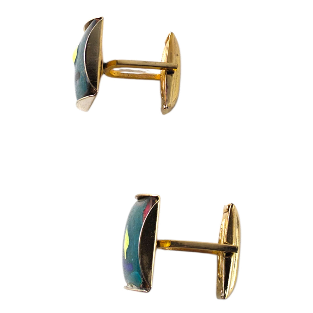 Vintage MCM Enamel Copper Cufflinks & Screw-Back Earrings Set – Joan Miró Style Art