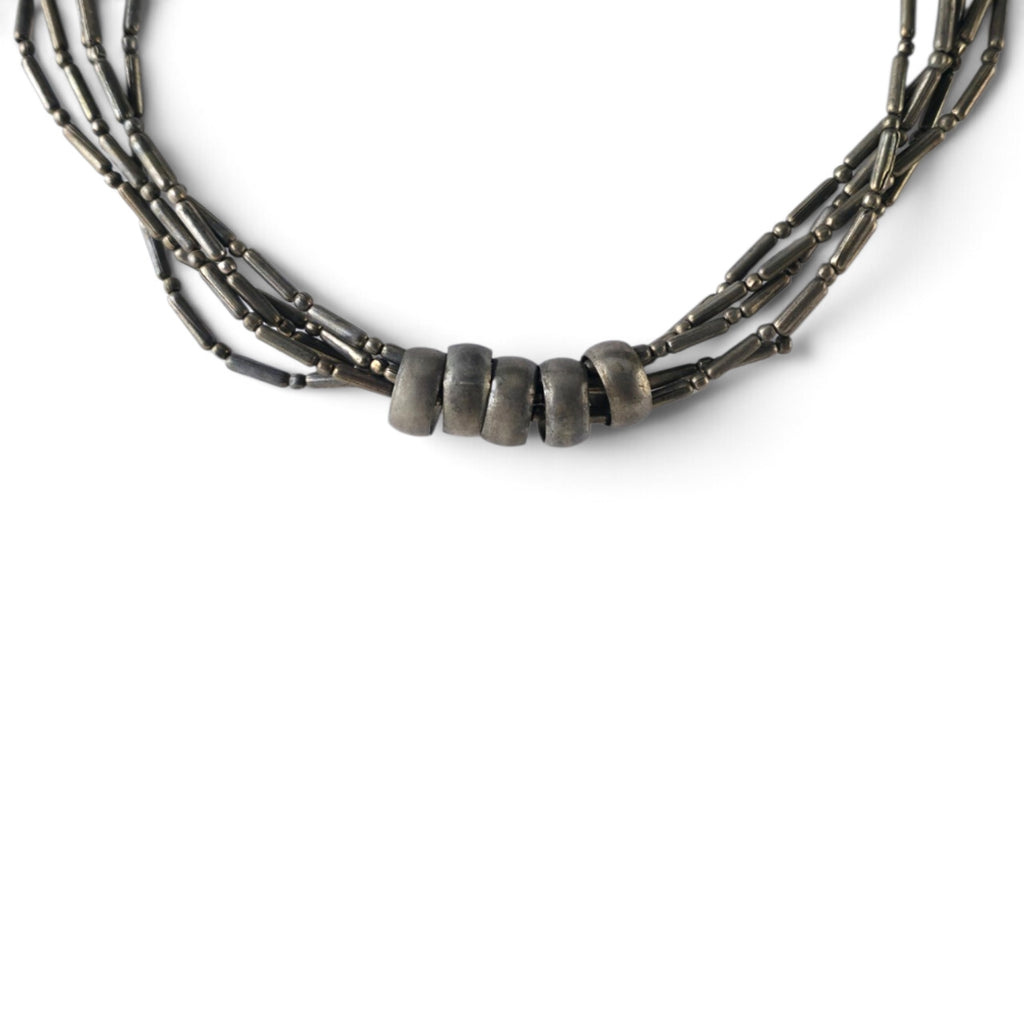 Vintage Southwestern Multi-Strand Liquid Silver Necklace 18" Chunky Ring Beads