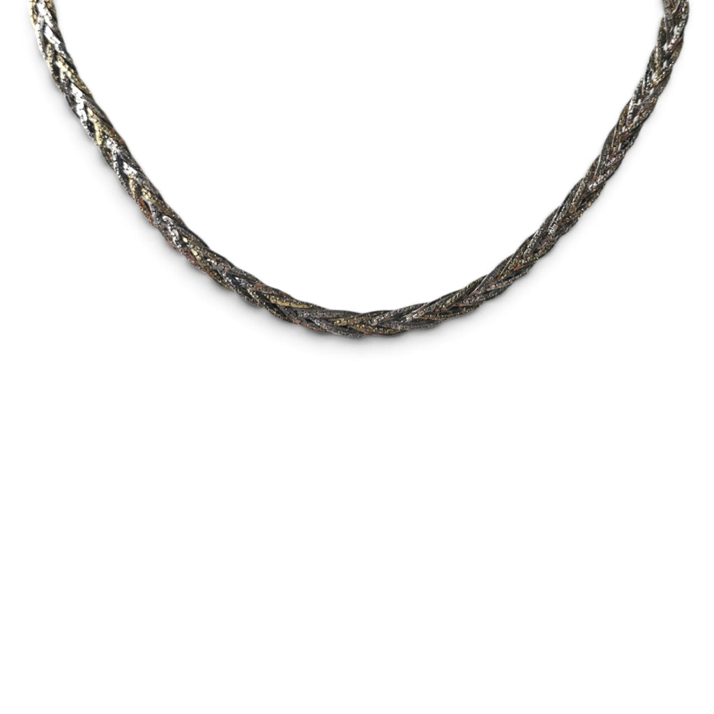 Vintage Tri-Tone Braided Herringbone Mesh Chain Necklace 22" Gold Silver Copper