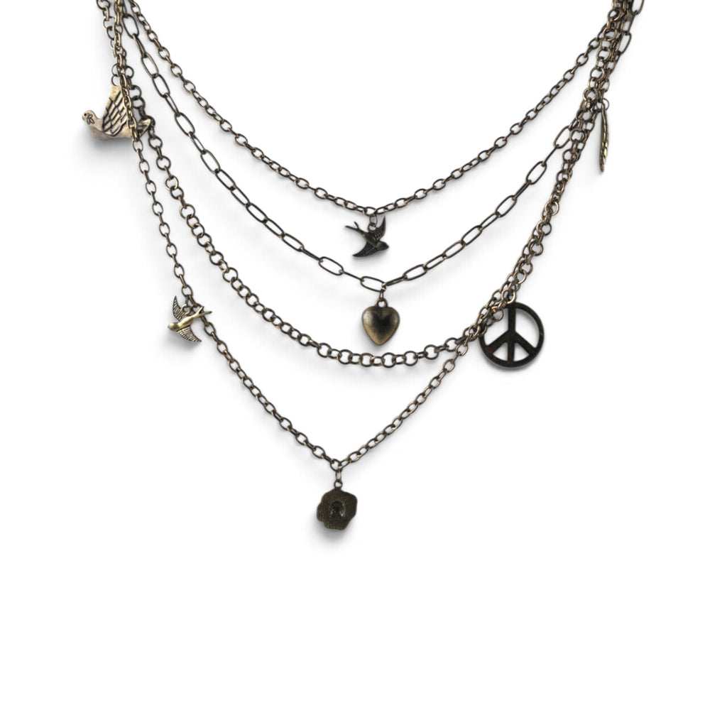 Multi Strand Layered Charm Necklace 16" Antique Brass Peace Sign Birds Heart Boho